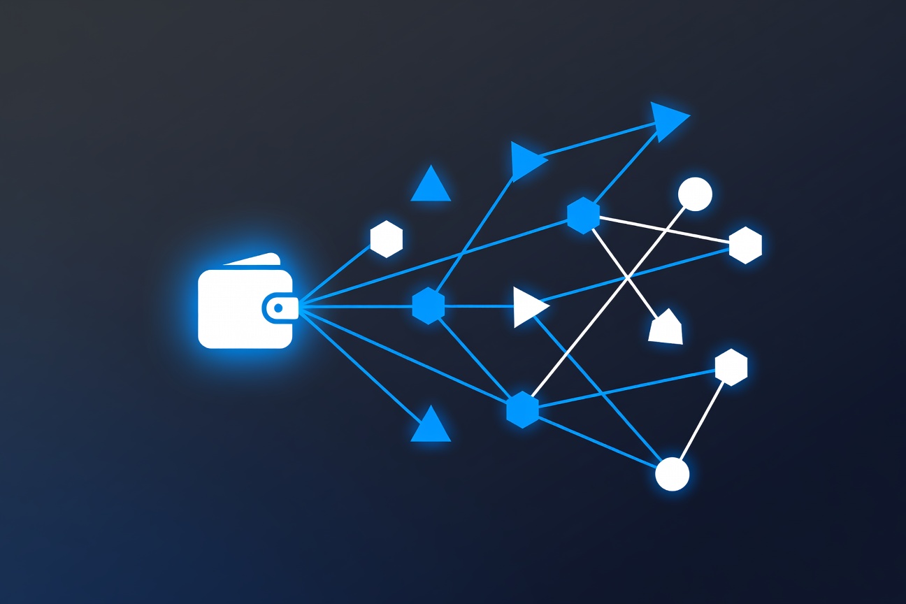 Glowing digital wallet connected to abstract DeFi protocol nodes via geometric network lines on a dark background