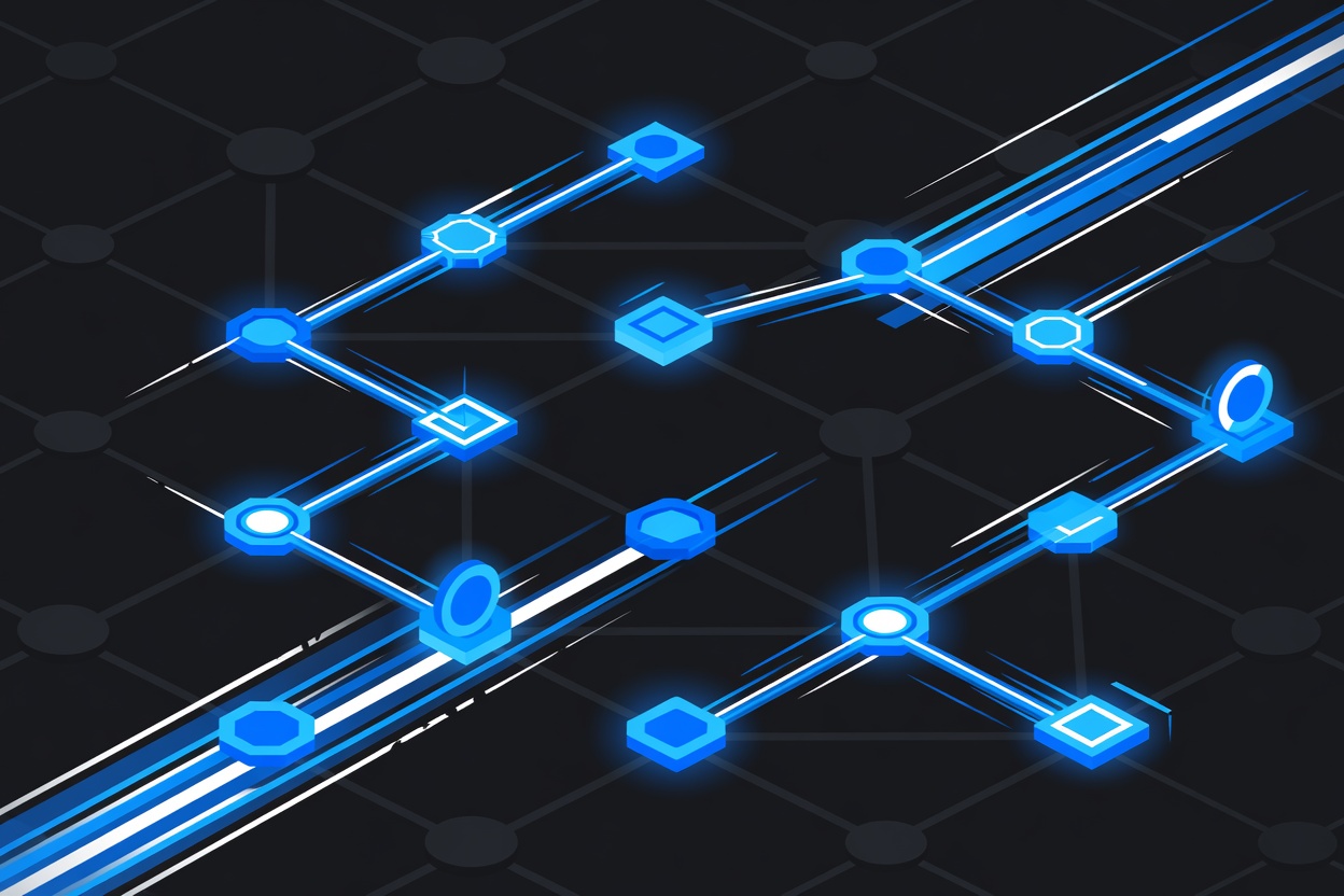 Abstract visualization of autonomous digital transaction flows — glowing geometric shapes representing coins and payment streams flowing between nodes in a dark network grid