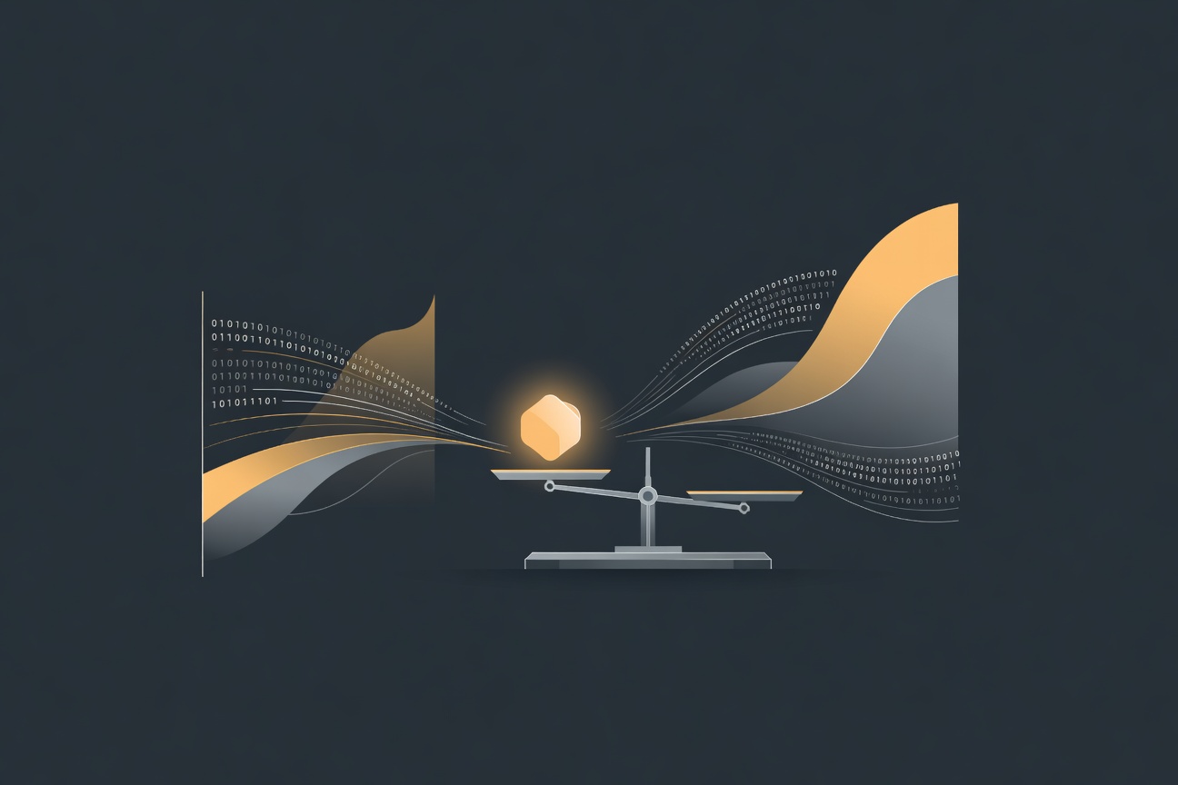 A glowing Ethereum token being measured on a precision scale with binary data streams flowing around it, minimal dark background