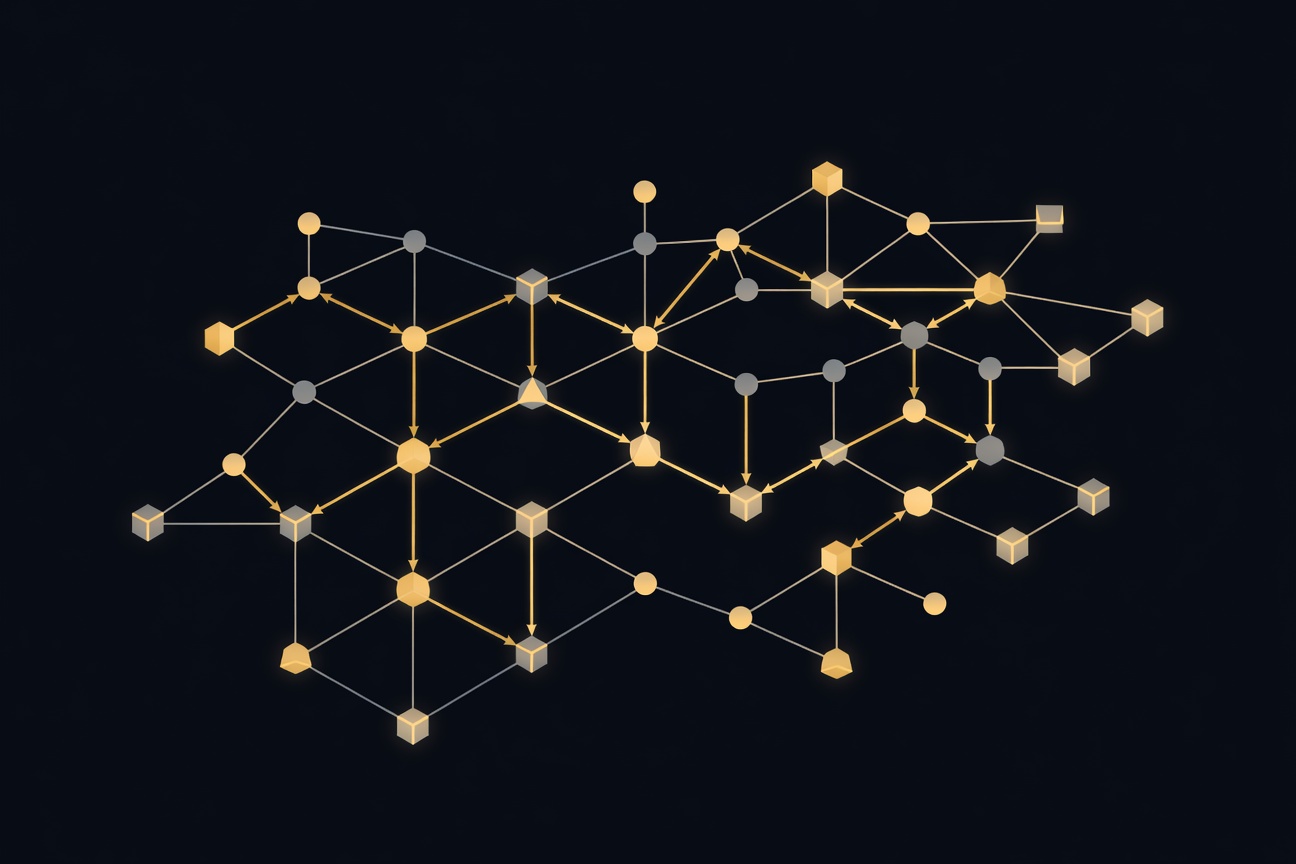 A luminous web of interconnected nodes and edges floating in dark space, with glowing traces showing decision pathways