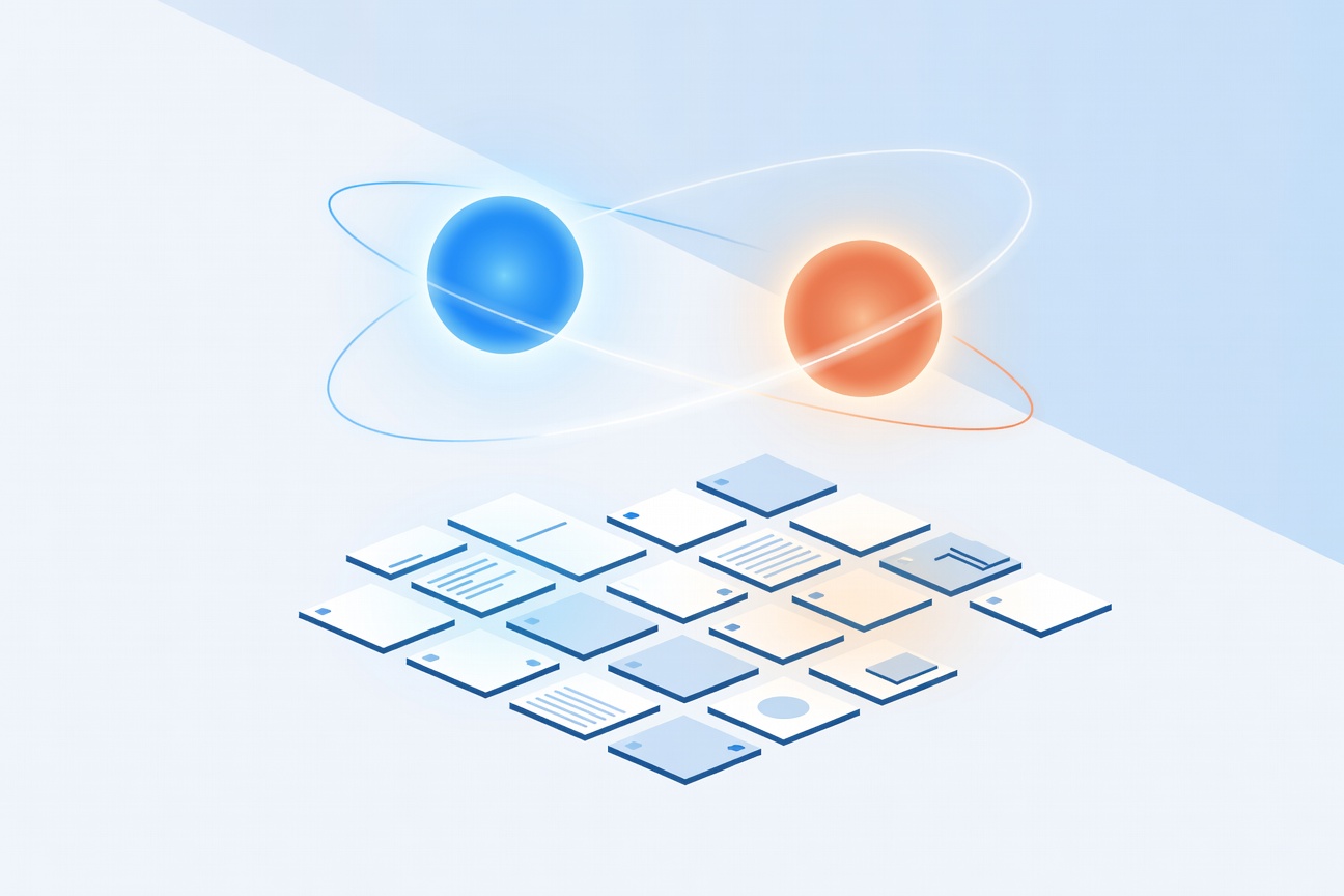 Two glowing orbs — one blue, one orange — orbiting each other above a floating grid of productivity documents