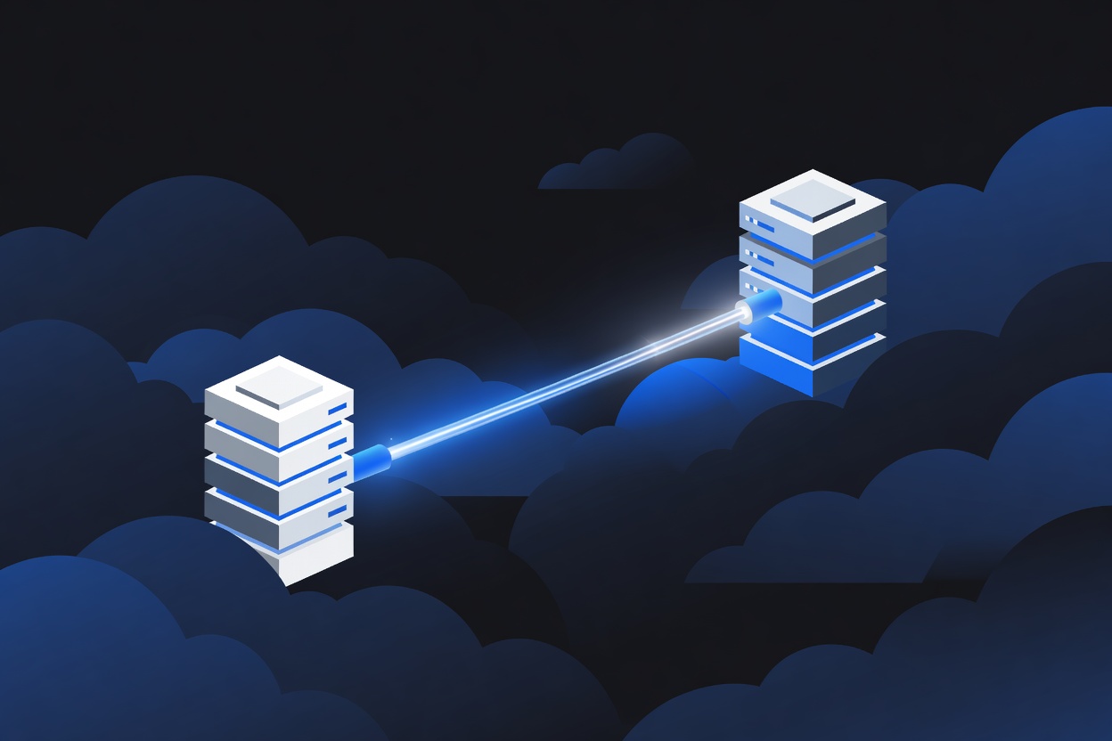 A single glowing data connection cable bridging two abstract enterprise server structures, minimal flat vector style