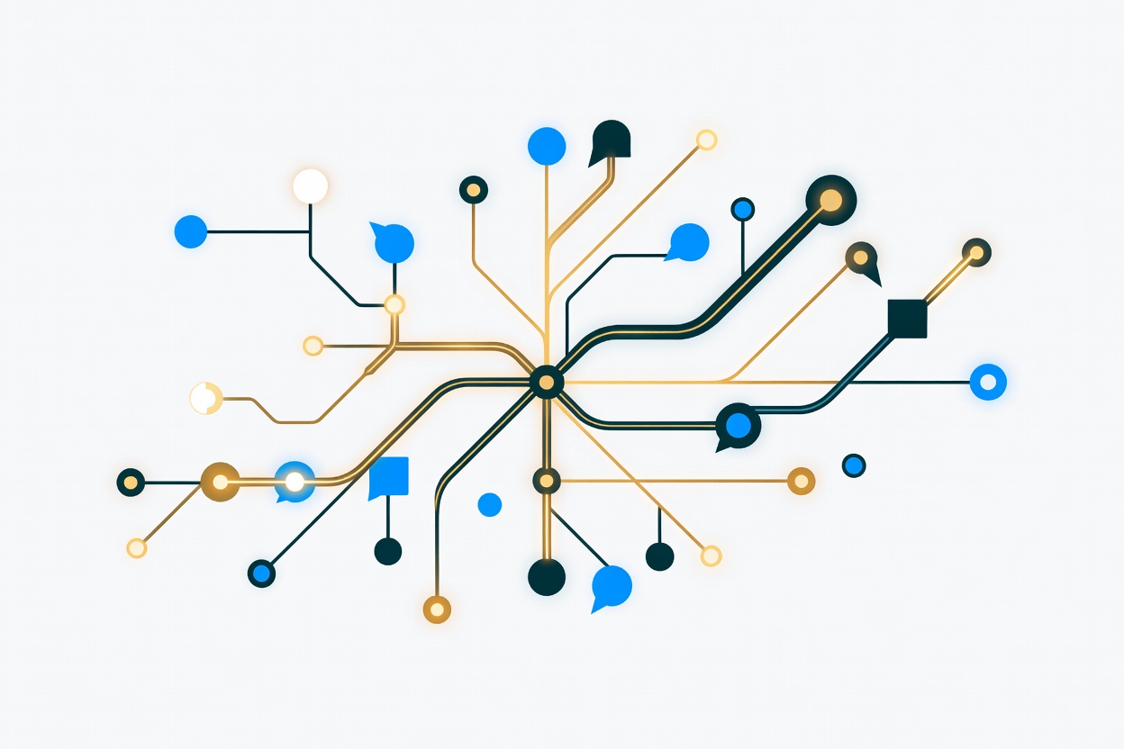 Abstract flow chart with branching decorated nodes and trace lines showing multi-turn conversation pathways