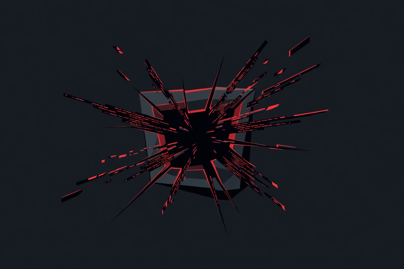 Cracked containment barrier with code fragments escaping through fractures, red warning tones on dark background
