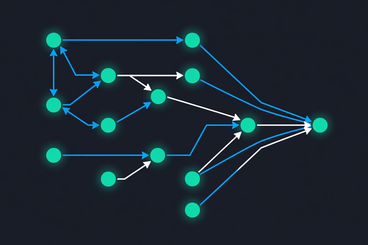 Abstract branching flow diagram with glowing blue nodes and directional arrows on a dark background, representing agent conversation routing