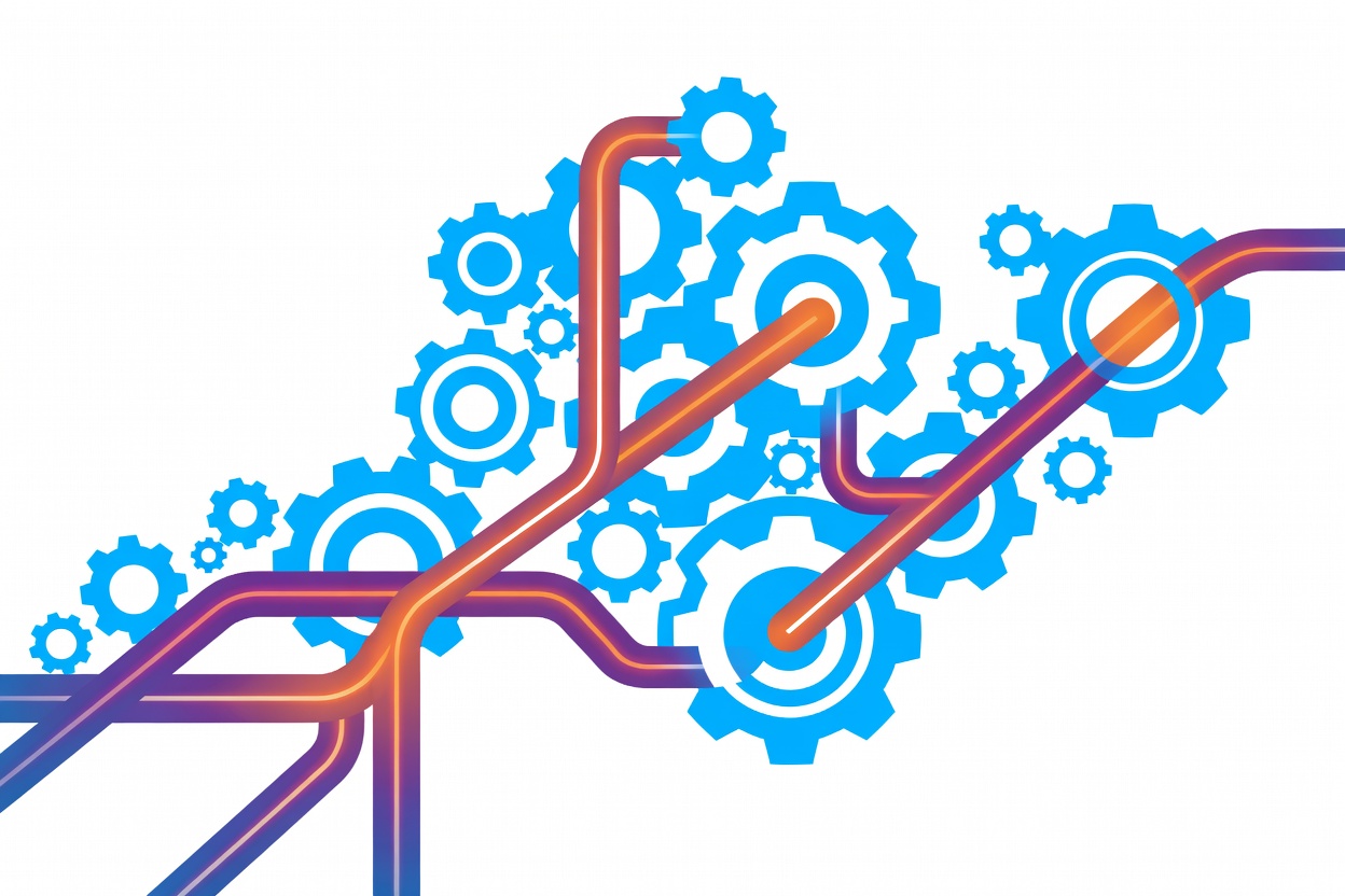 Abstract interlocking geometric gears and flow channels in orange and purple, symbolizing dynamic orchestration