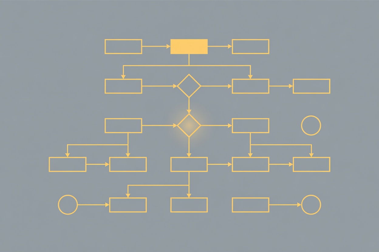 Abstract flowchart-like diagram with interconnected decision nodes and branching paths representing an AI workflow engine
