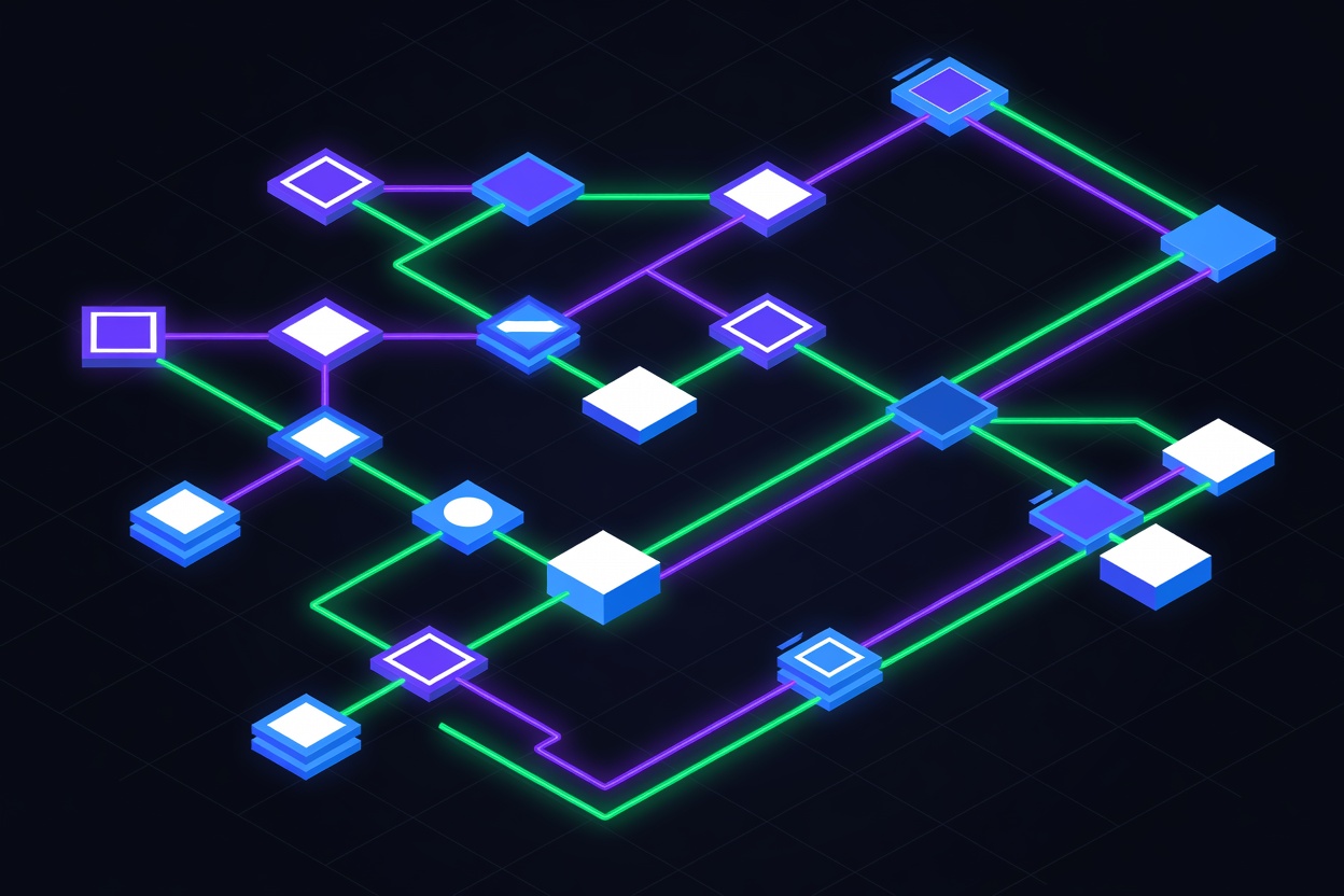 Geometric flowchart diagram with branching decision nodes and glowing pathways representing declarative AI workflow orchestration