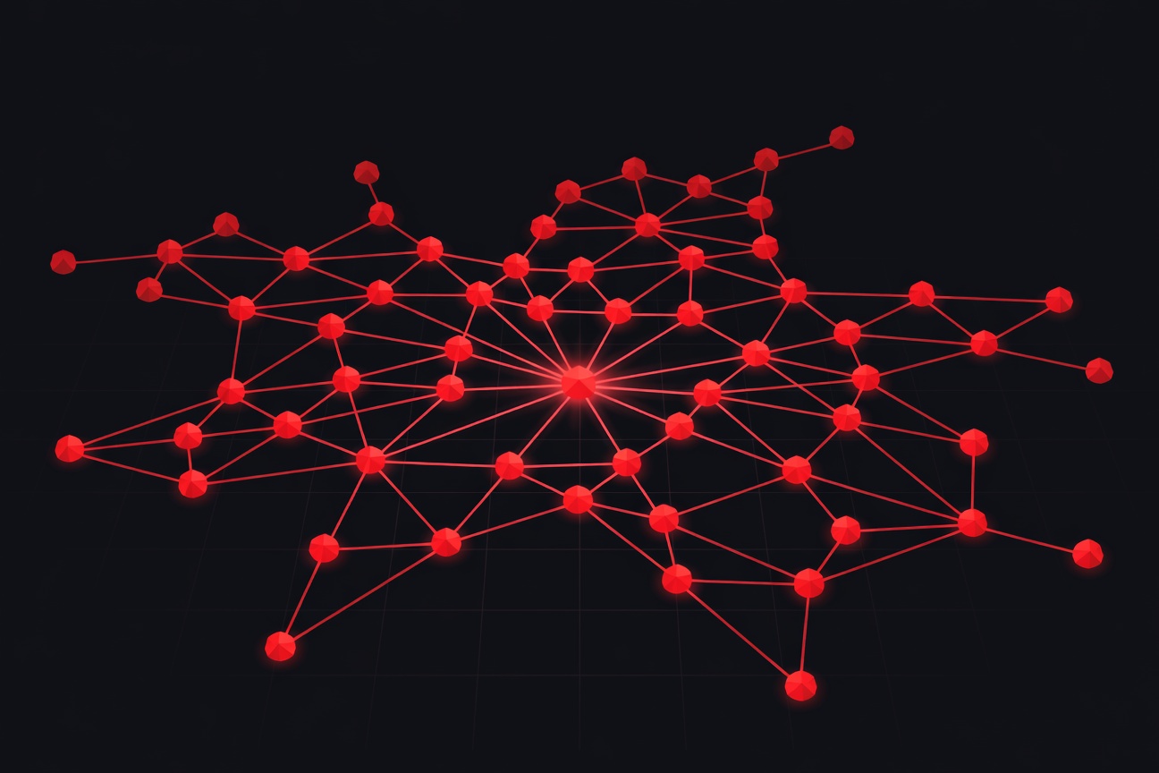 Abstract dark network of glowing red nodes and connection lines spreading across a black grid, suggesting autonomous attack propagation