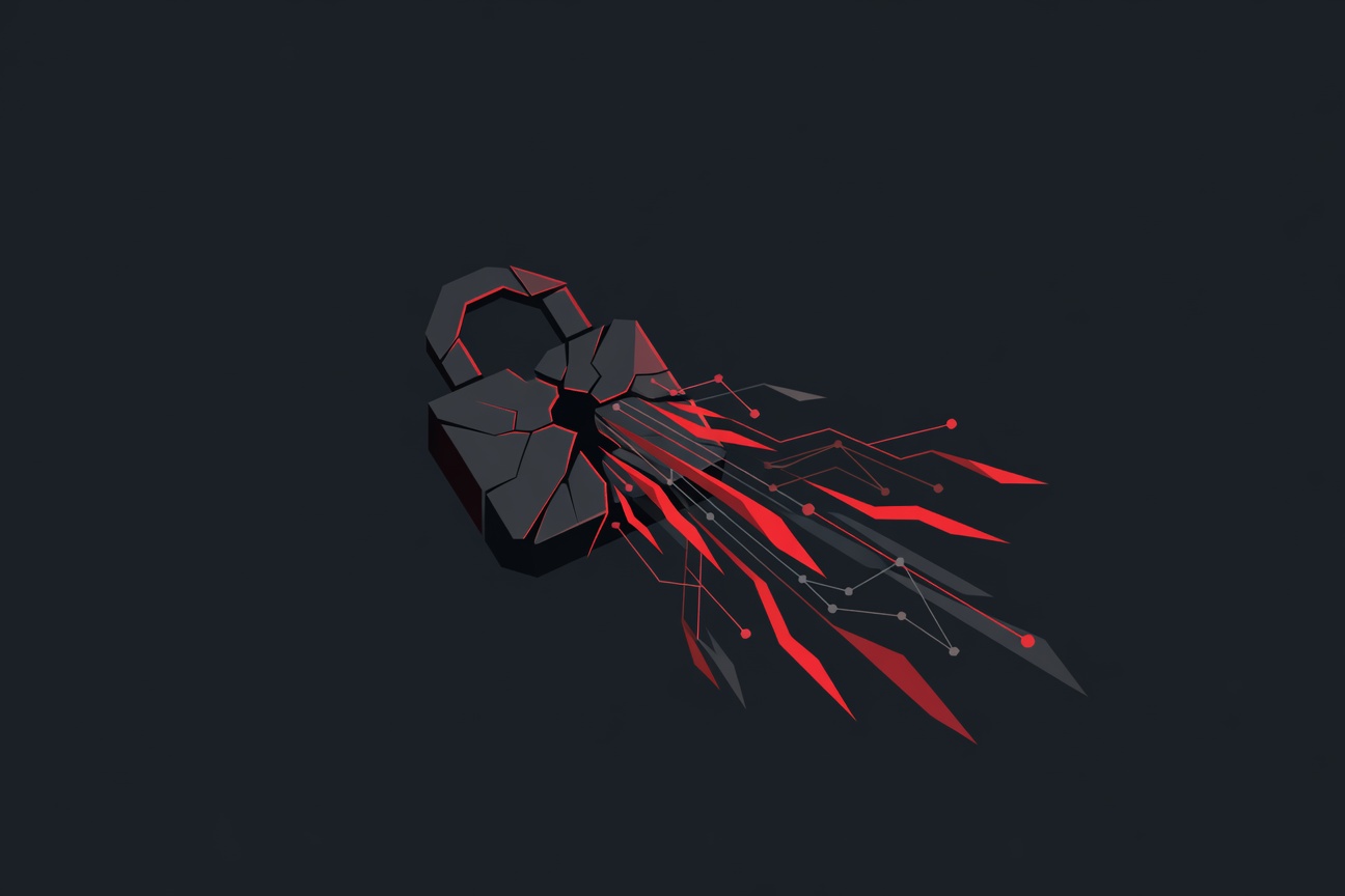 A cracked digital lock dissolving into a cascade of data streams escaping through DNS channels