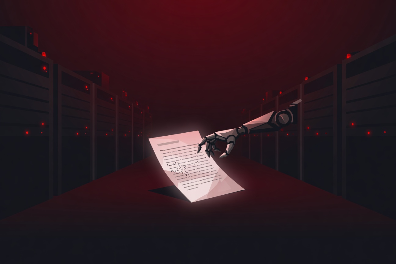 A glowing document being rewritten by a robotic arm inside a dark server room, red warning lights in the background