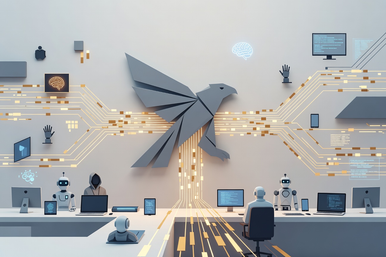 Futuristic control room with glowing data streams flowing into a central monitoring panel, representing AI activity surveillance and enterprise security governance