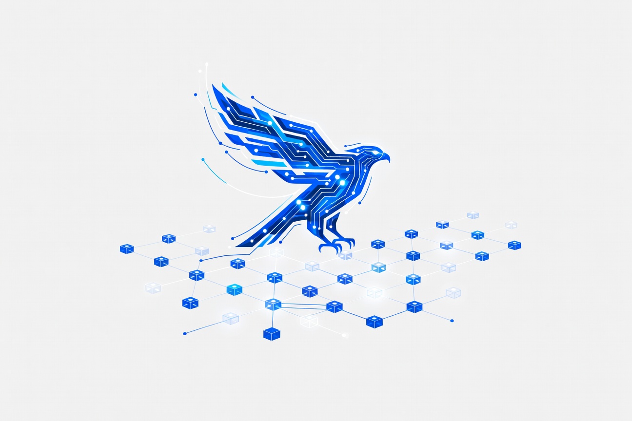 A falcon silhouette made of interconnected glowing circuits, hovering above a grid of secured nodes