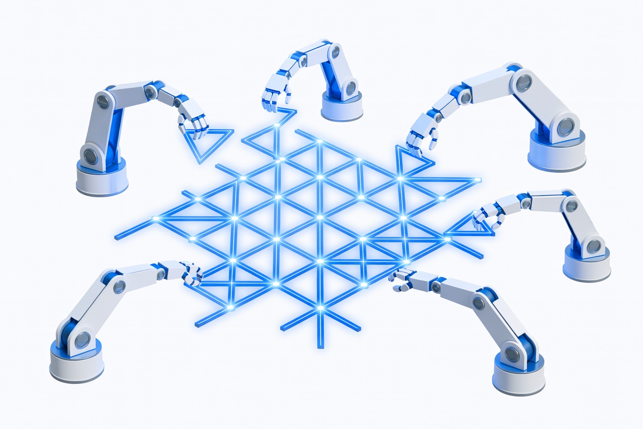 Multiple robotic arms working simultaneously on a glowing codebase structure, representing parallel AI agent execution