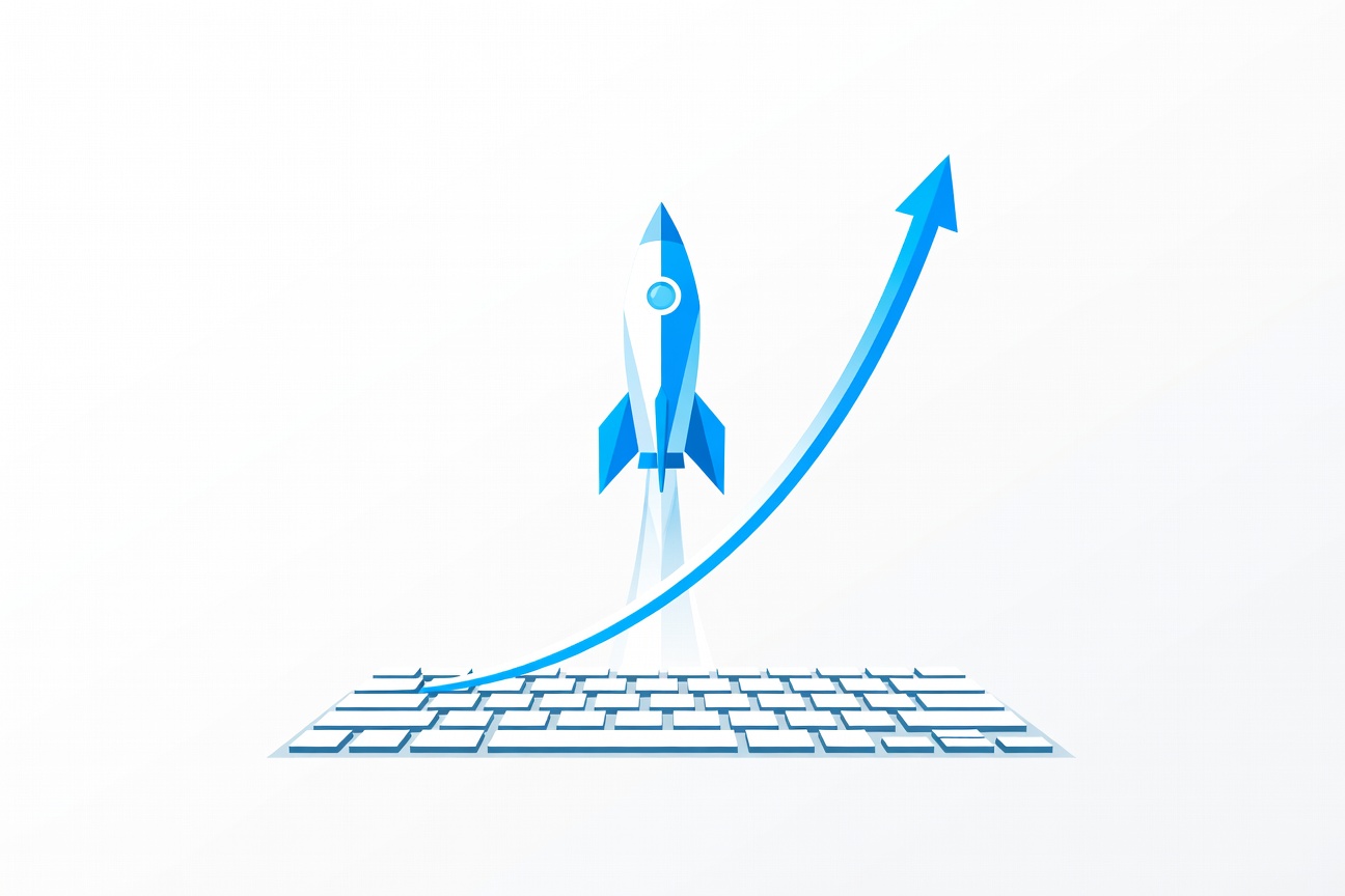 A rocket launching upward from a keyboard, symbolizing exponential startup valuation growth