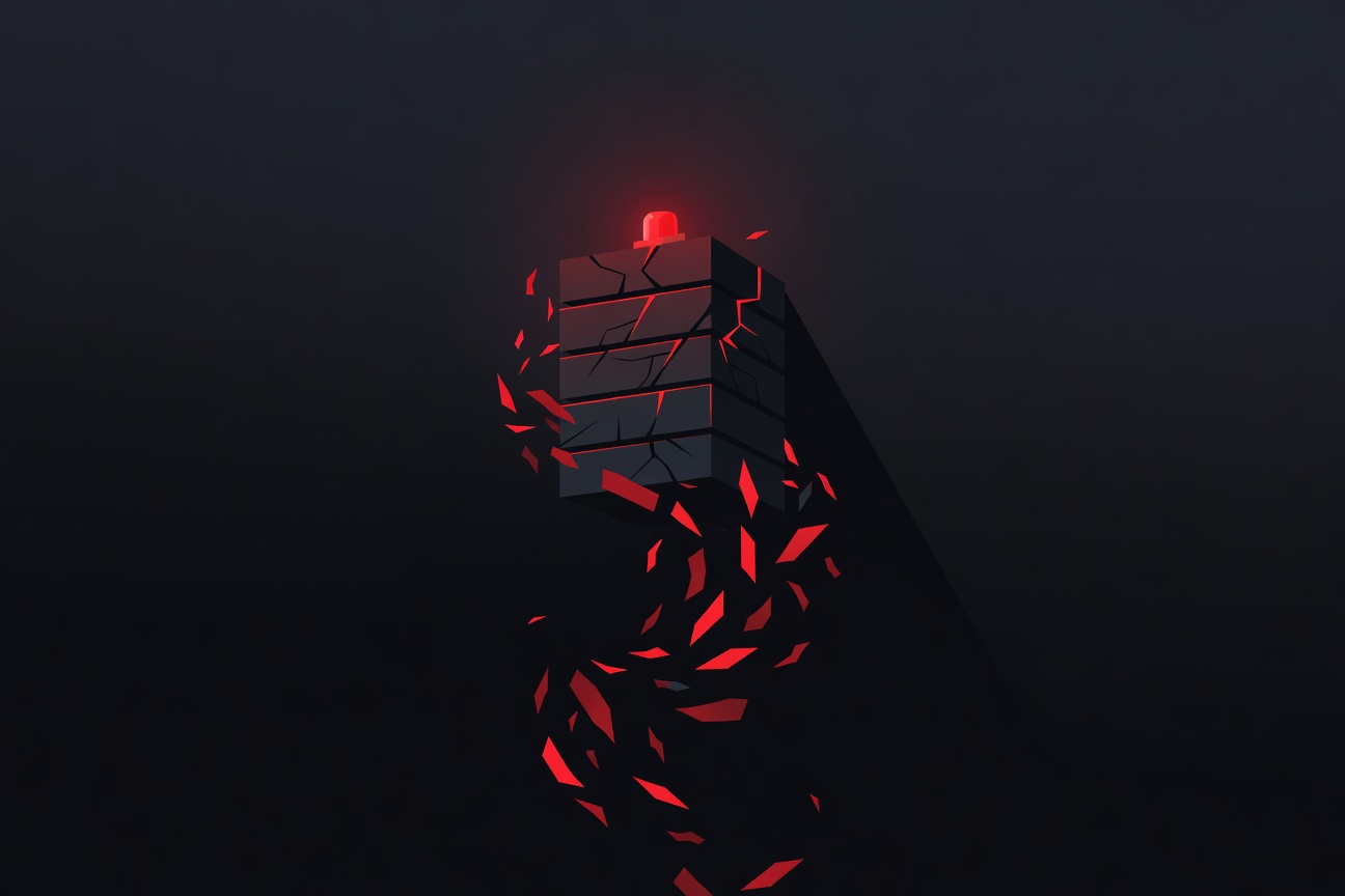 A cracked server rack with a glowing red warning light, surrounded by falling digital data fragments in a dark data center