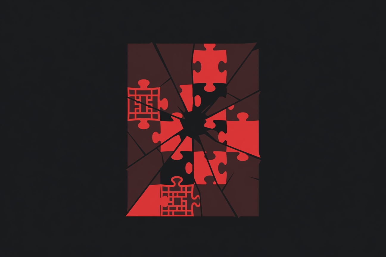 A fractured glass panel with Chinese and Western puzzle pieces interlocking unevenly, symbolizing a broken disclosure of model origins