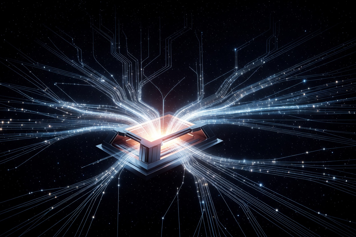 A futuristic metallic forge with glowing parallel data streams branching outward like tree limbs, against a dark starfield