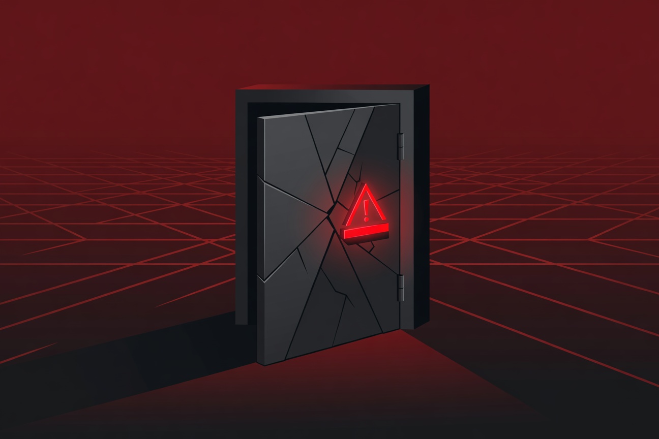 A cracked digital vault door with a glowing red warning signal and network grid in the background