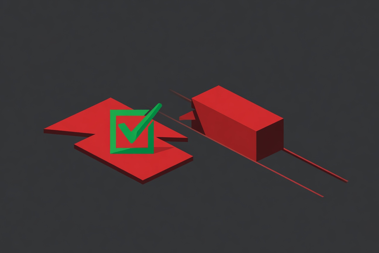 A bait-and-switch mechanism — a safe green checkbox approving a document, while a shadowed red payload silently takes its place
