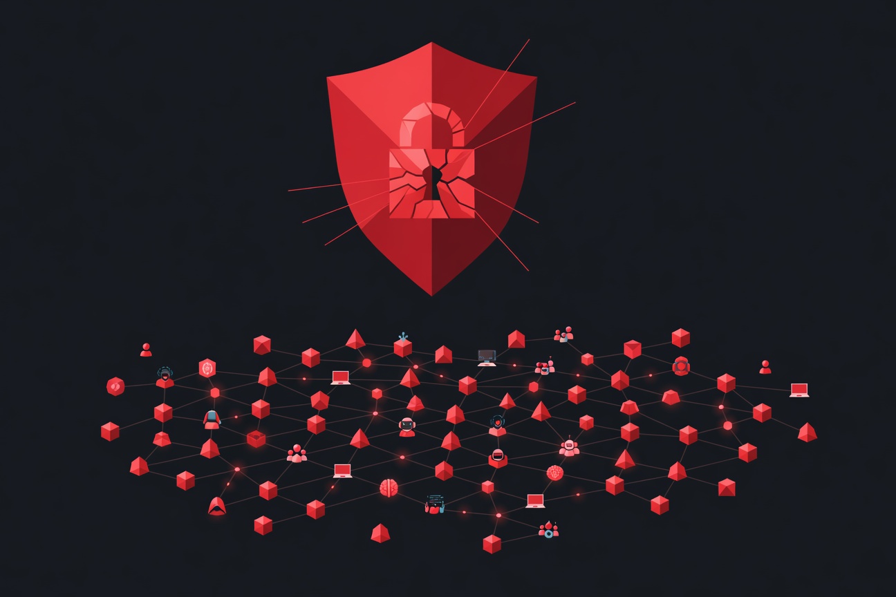 Abstract red warning shield with broken lock symbol floating above a network of glowing environment variable nodes