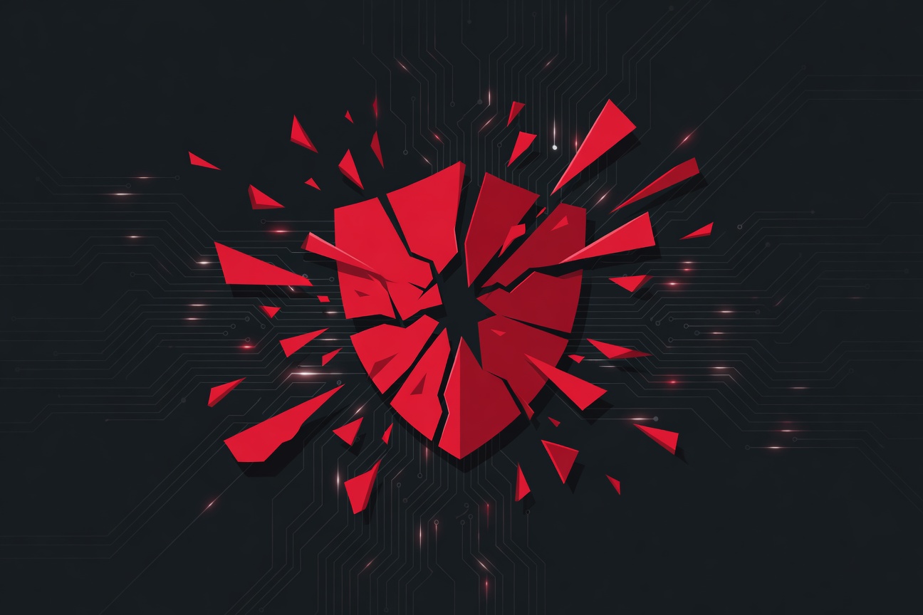 A cracked red shield icon fragmenting into sharp geometric shards against a dark circuit board background