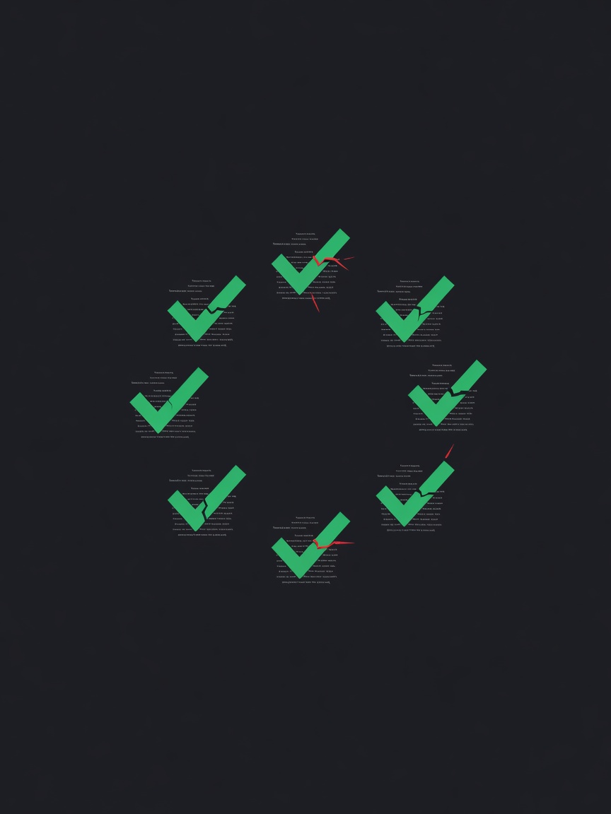 Seven glowing green checkmarks arranged in a circle, each slowly turning red as a hidden message corrupts a code package