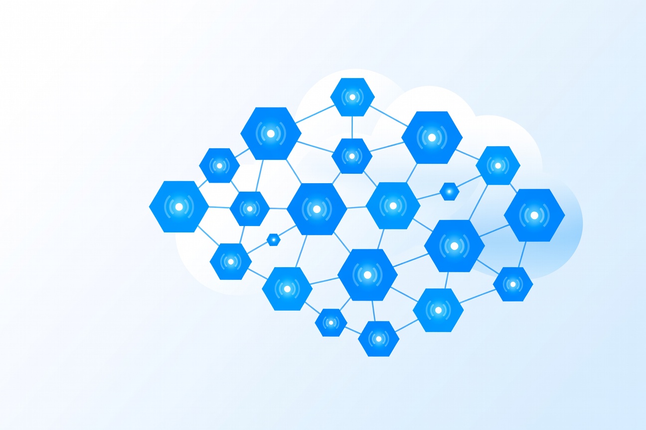 Interconnected hexagonal nodes floating in a cloud formation, glowing with stability signals