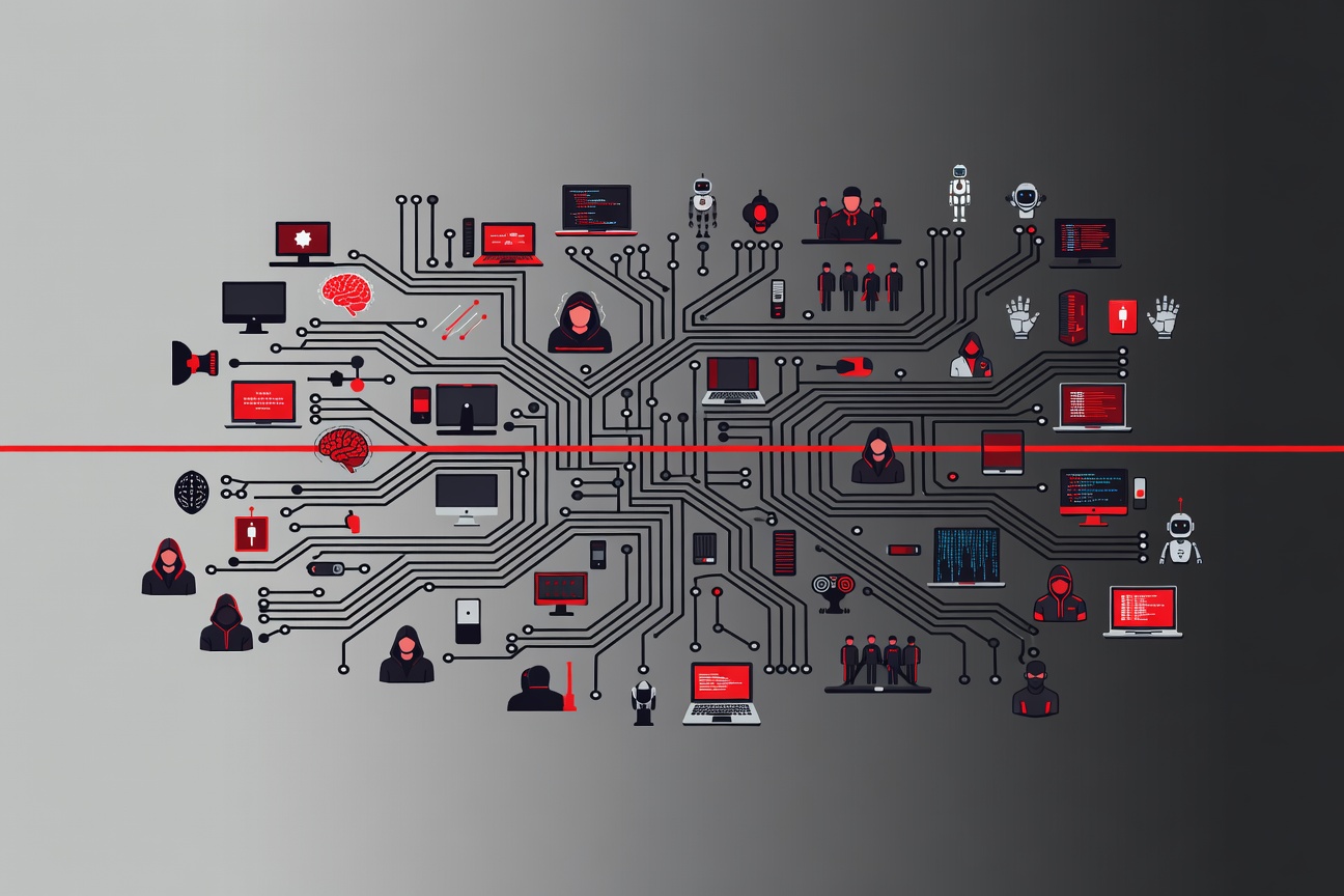 A single red line drawn across a blueprint of interconnected circuits and gears