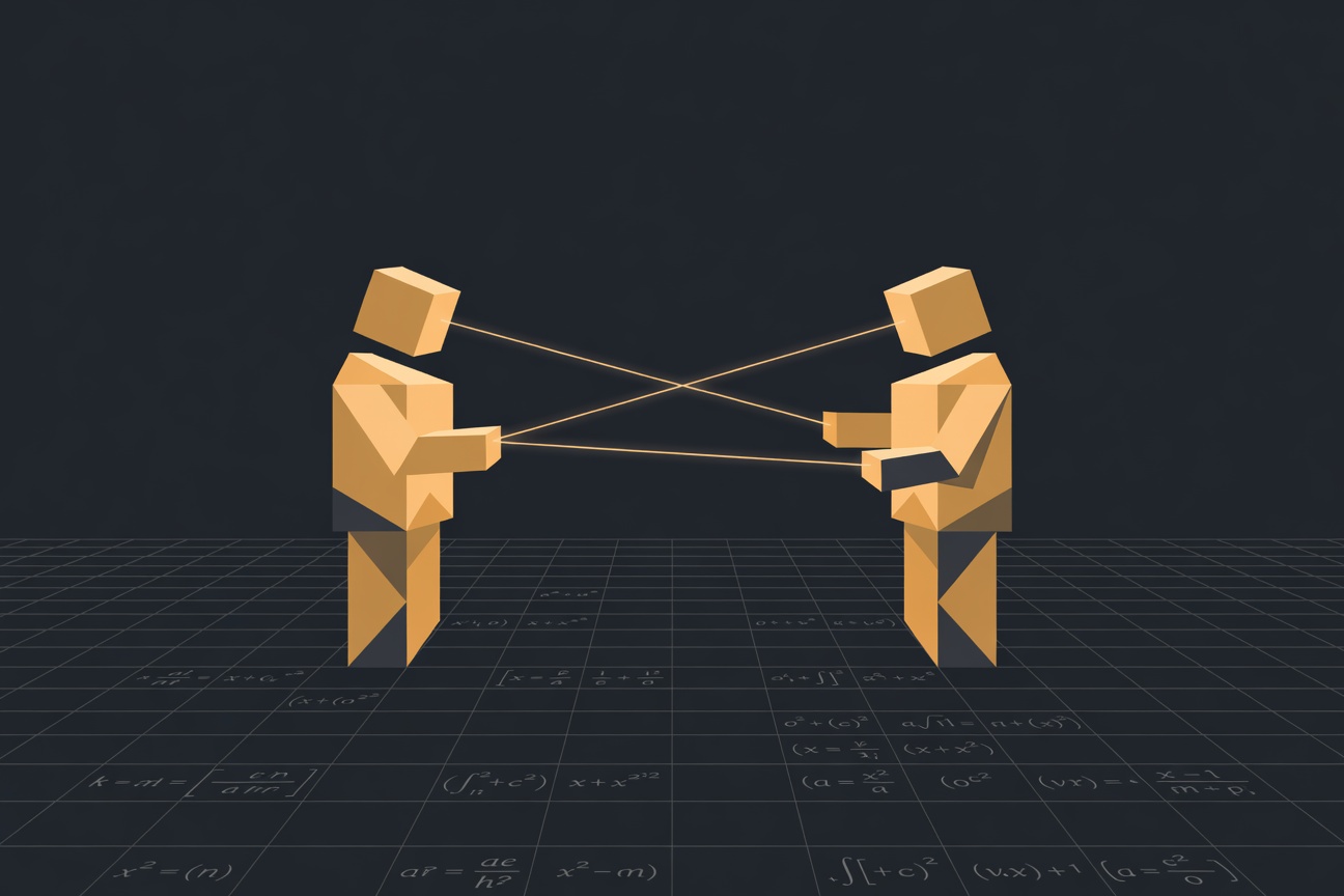 Two abstract geometric AI agents exchanging structured light-beam signals across a dark mathematical grid, representing formal machine-to-machine communication