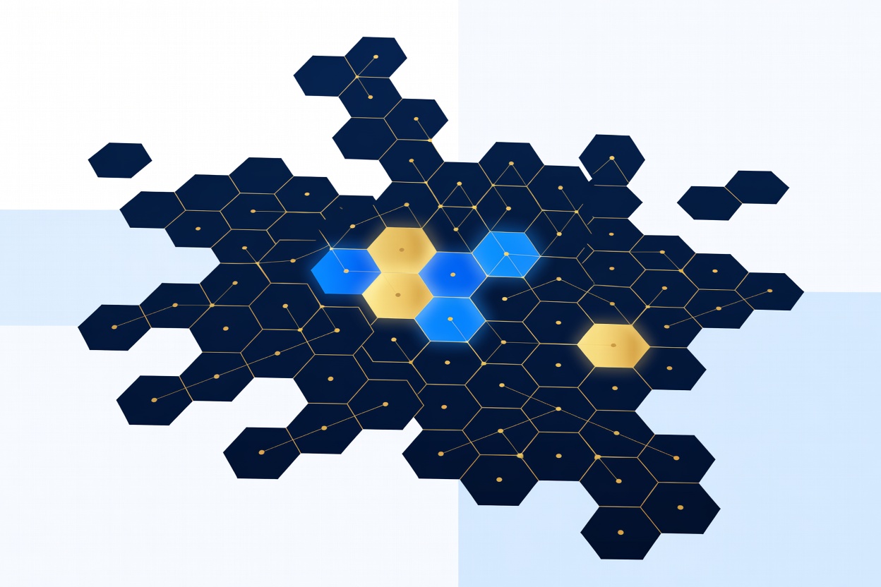 Abstract geometric hexagonal lattice structure in dark blue and gold, representing a massive interconnected data and AI platform at enterprise scale
