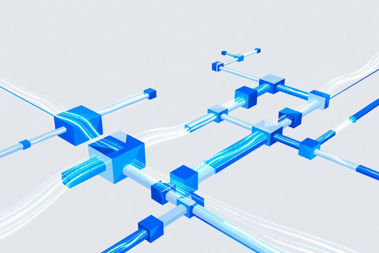 Streams of glowing data flowing through abstract geometric pipeline structures assembling themselves autonomously