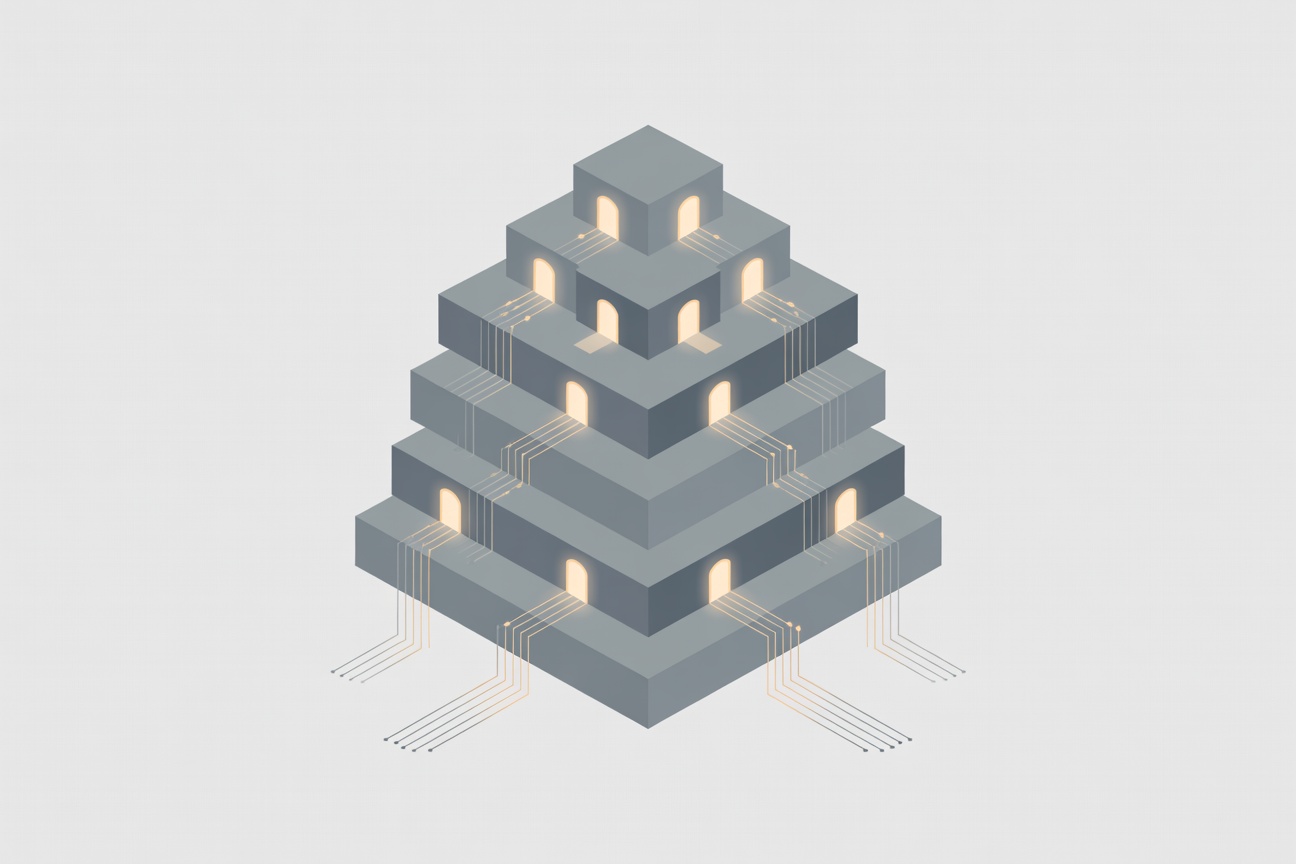 A multi-layered security vault with glowing access control gates, connected to abstract data streams flowing through a structured grid