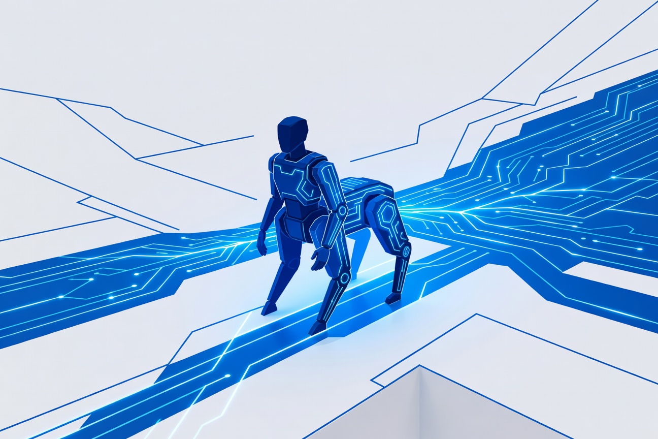 A sleek humanoid robot silhouette with glowing neural pathways extending into a minimalist digital environment