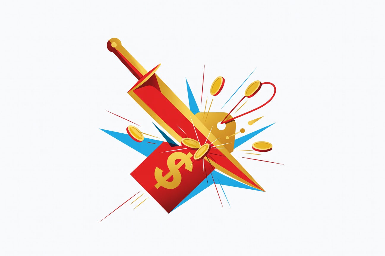A glowing price tag being slashed by a sharp sword next to code brackets and agent workflow diagrams