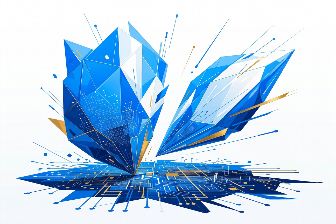A massive geometric crystal structure splitting into two distinct shards — one large and one compact — floating above a circuit grid with deep blue and gold tones