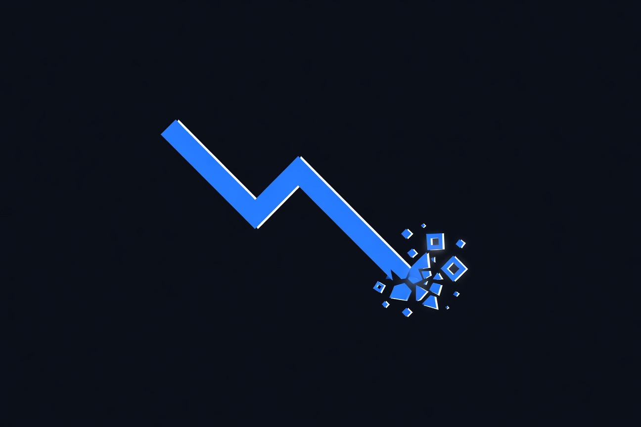 A bold downward-slashing price graph with glowing blue lines on a dark background, abstract data visualization