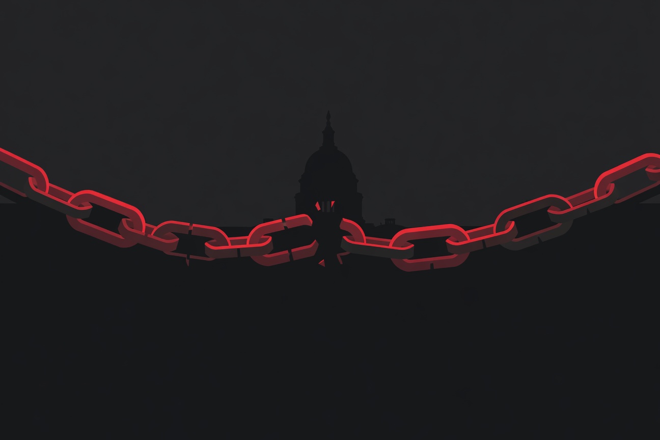 A fractured supply chain represented as broken links in a chain against a dark blue government-building silhouette backdrop