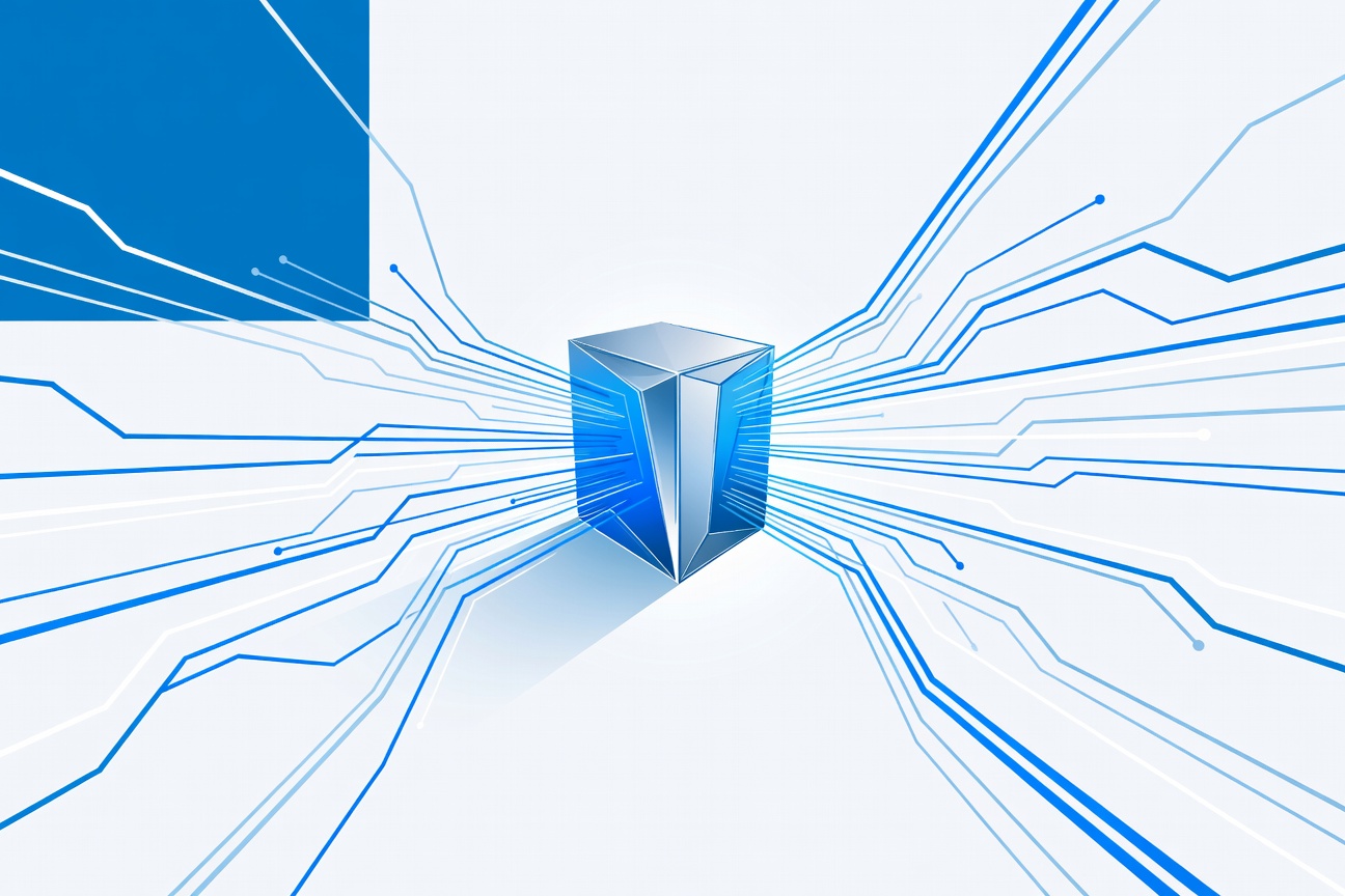 A sleek high-performance workstation glowing with ambient blue light, surrounded by abstract data flow streams representing on-premises AI processing