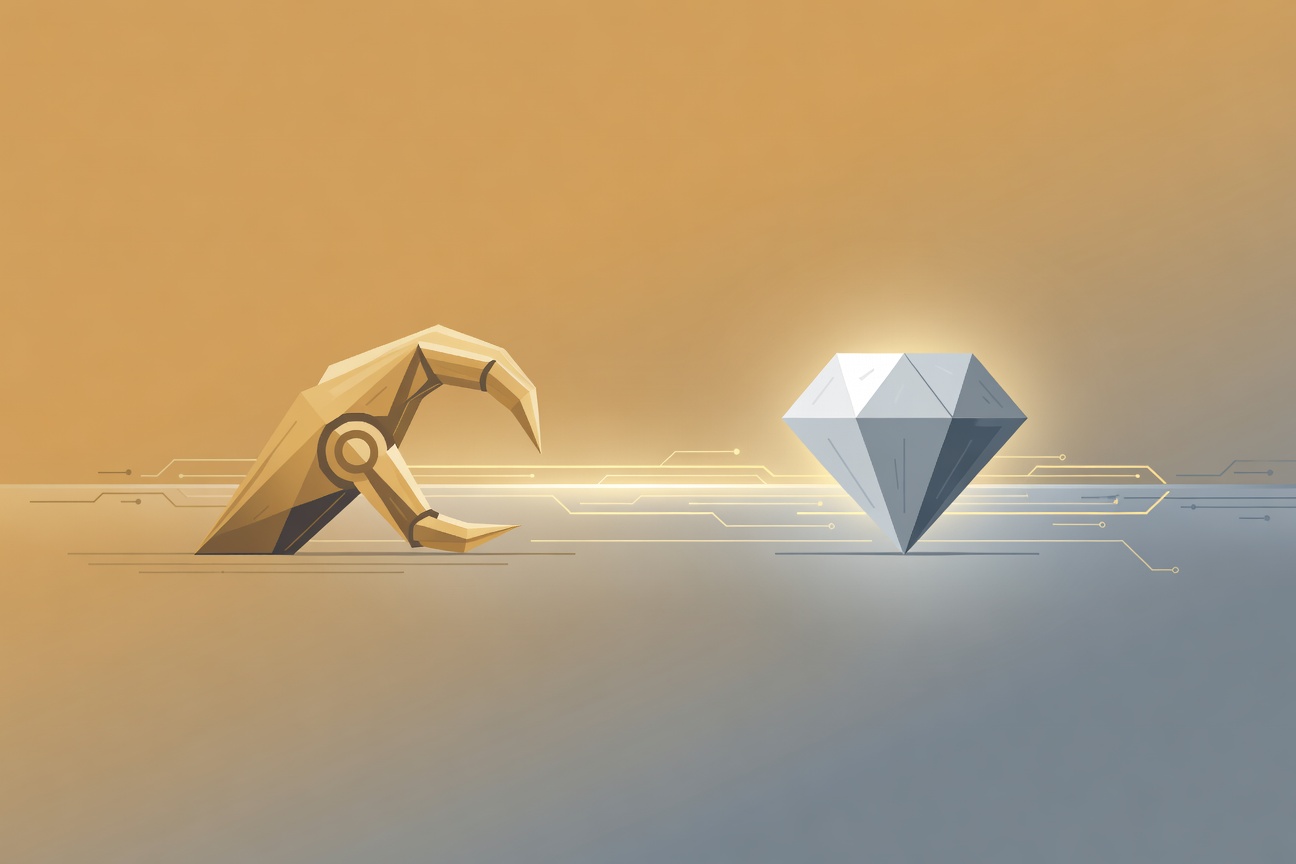 Two abstract geometric shapes — a mechanical claw and a clean geometric diamond — facing each other across a digital divide