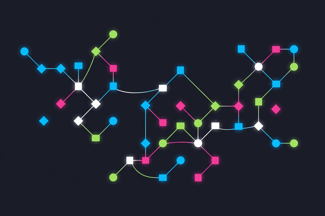 Colorful workflow nodes connected by flowing lines on a dark canvas, representing a visual programming interface for AI agents