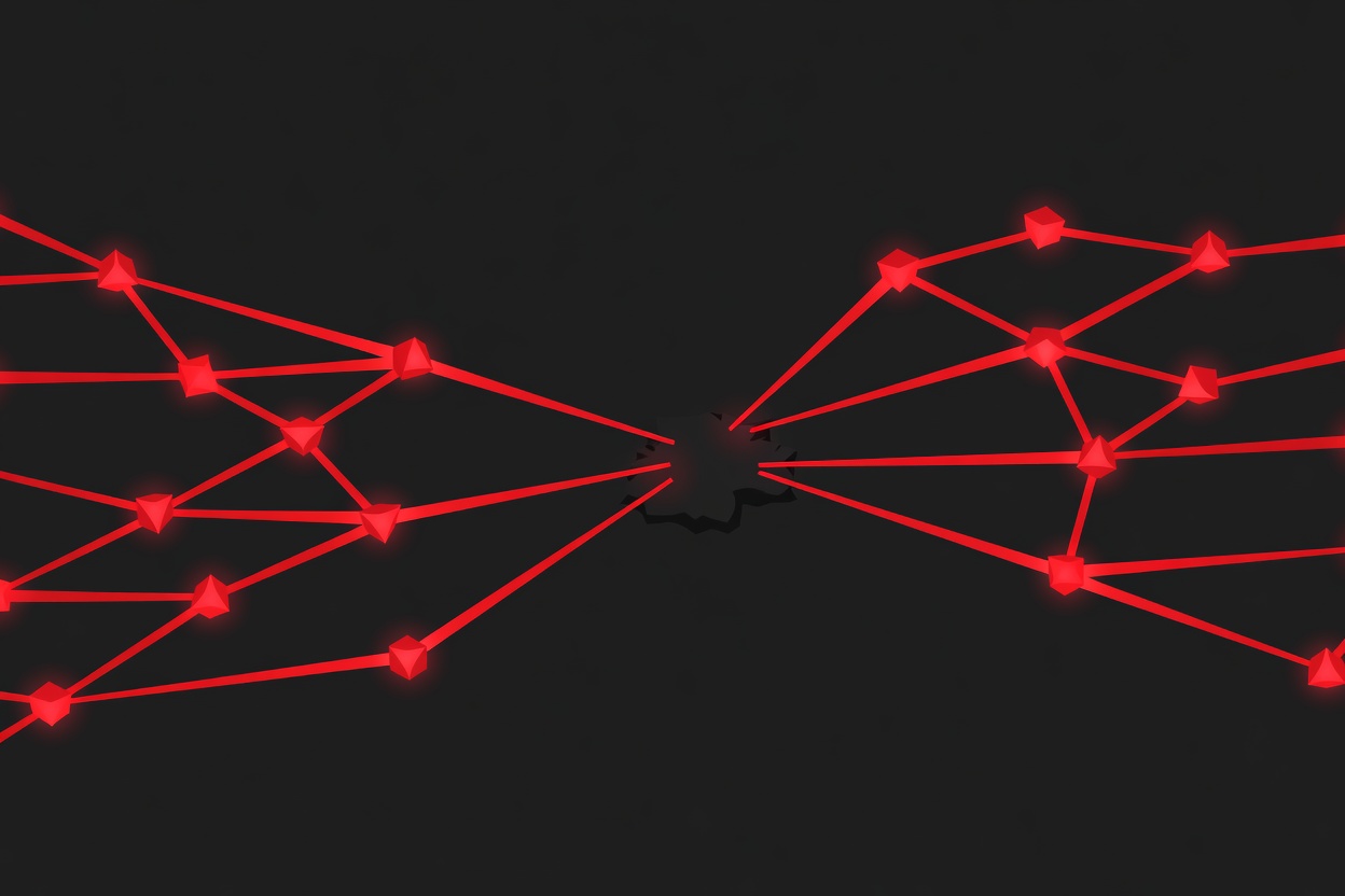 An abstract visualization of data streams flowing between glowing nodes, with a dark shadowy intercept point silently splitting one stream — deep red and black color palette