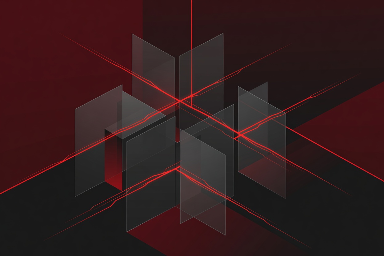 Abstract red data streams bleeding across glowing partition walls, representing cross-tenant data leakage