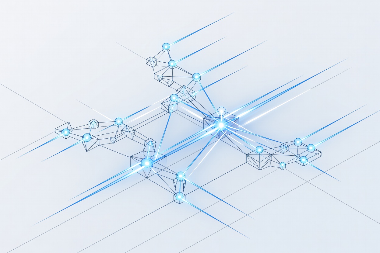 Abstract network of interconnected nodes forming a web of glowing signal lines over a stylized DNS tree structure