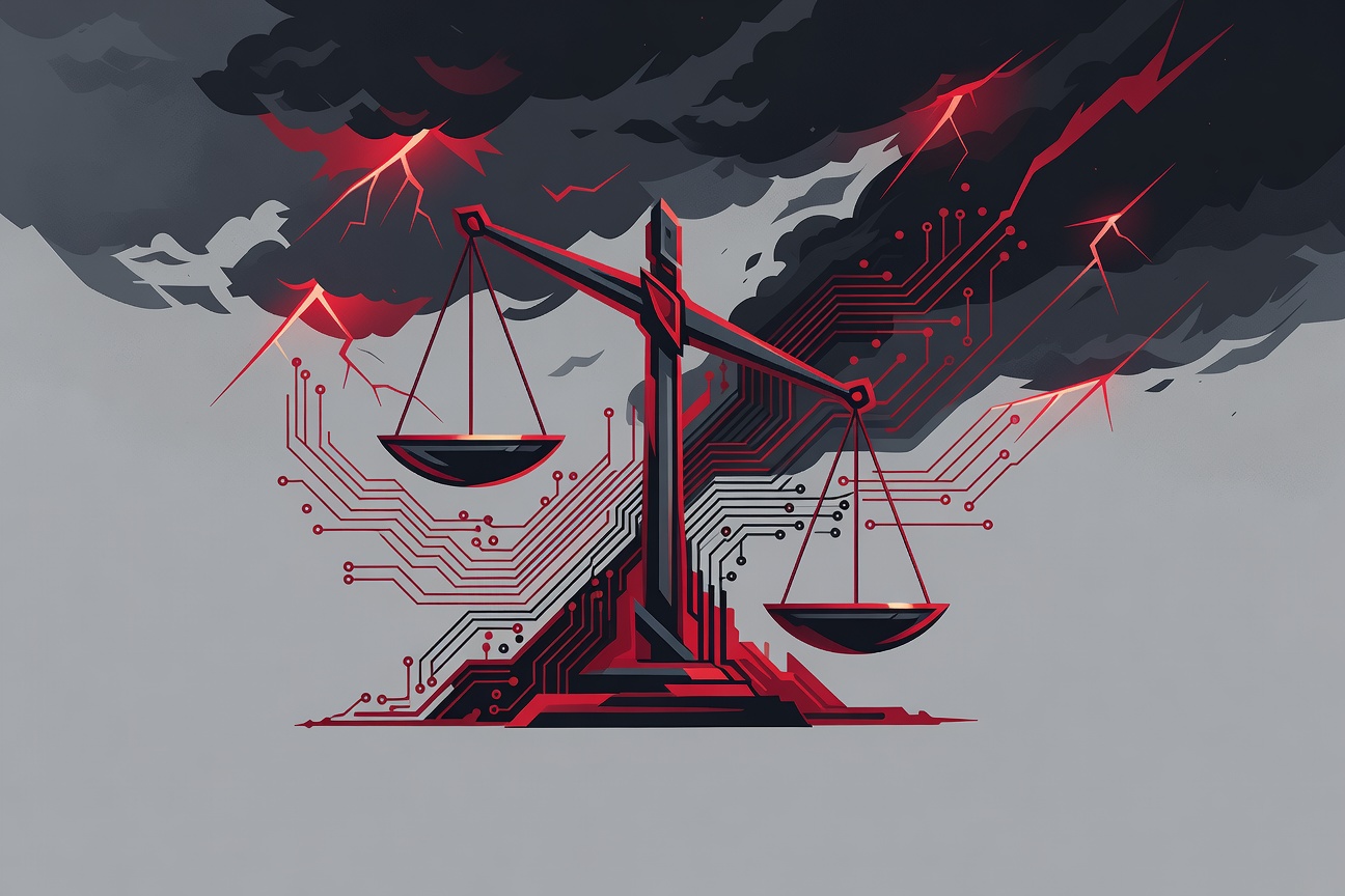 Abstract scales of justice against a dark sky with circuit board patterns — AI vs government tension