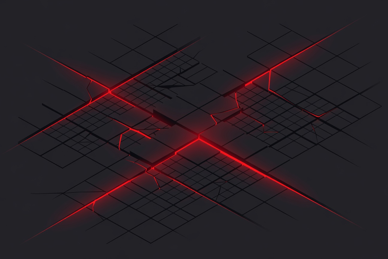 An abstract code structure with glowing fault lines running through it, showing fracture points in what appears to be a clean geometric grid, no screens