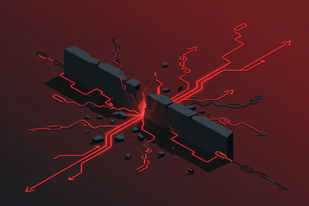 A cracked digital sandbox wall with glowing red exploit pathways tunneling through, abstract code fragments and path arrows escaping the boundary