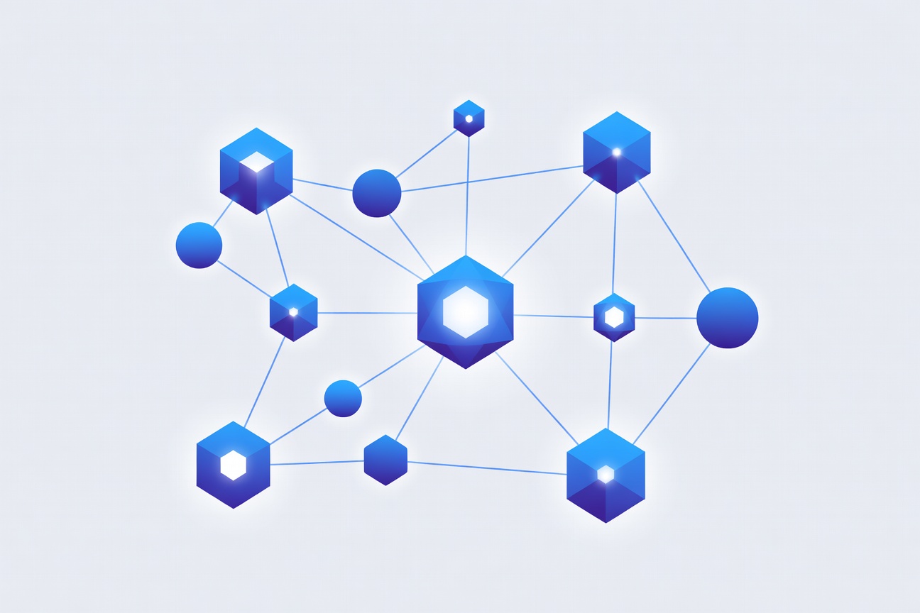 Abstract visualization of a network of interconnected geometric shapes in a shared workspace, symbolizing collaborative multiplayer AI coordination