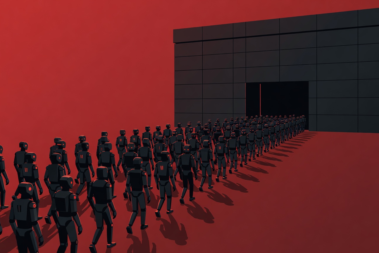 Dozens of autonomous robotic agents streaming into an enterprise building with a missing security gate
