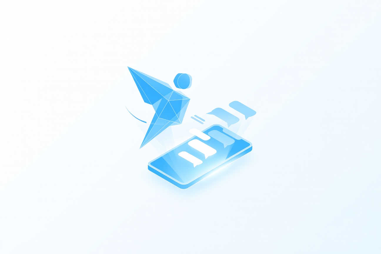 A friendly glowing AI figure hovering next to a smartphone with messaging app icons, representing an autonomous agent embedded in familiar messaging platforms